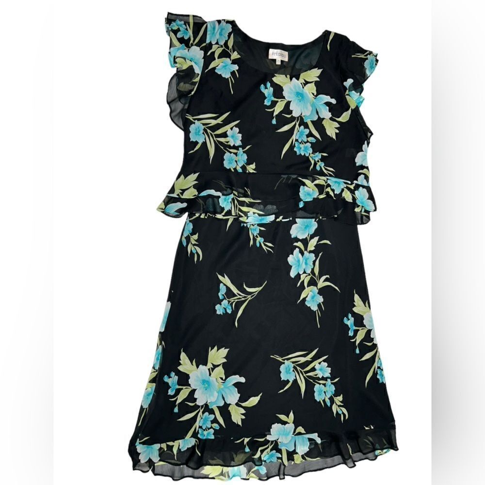 Vintage Two Piece Midi Skirt Set Matching Top Formal Black Blue Flowers Floral